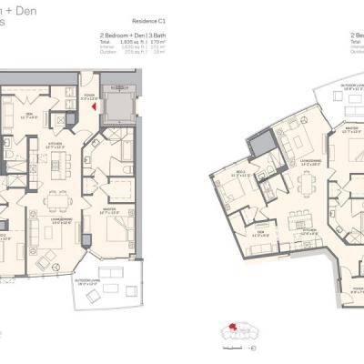 Floorplan -Two bedroom, three bathrooms, den